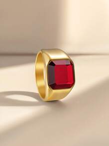 1pc Titanium Steel Chinese Red Stone Inlaid Fashion Ring For Men - 1355 Gold-plated + Chinese Red - View 8