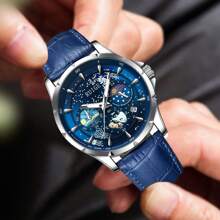 RUIG Relógio Casual Quartz Masculino RUIGE, Couro PU Multifuncional Cronógrafo, Exibição de Fase da Lua, Luz Noturna, Relógio Presente Masculino