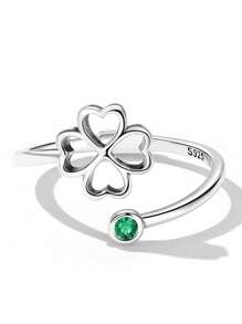 1pc S925 Sterling Silver Minimalist Four-Leaf Clover Adjustable Open Ring, Suitable For Women's Daily Wear, Holiday Gift