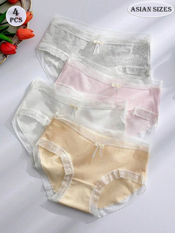Calcinha feminina 4 peças, cintura média, doce e fofa, laço, calcinha feminina fresca, macia, amiga da pele, leve e respirável, renda, calcinhas para adolescentes, estilo fada, lingerie básica, calcinha branca, lingerie rosa