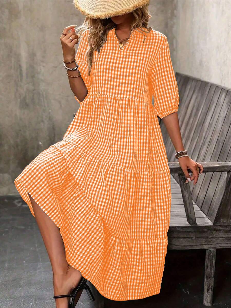 Polyester Fabric Pleated Texture Mid-Length Plaid Round Neck Elegant Casual A-Line Hem Short Sleeve Dress - Orange - View 1