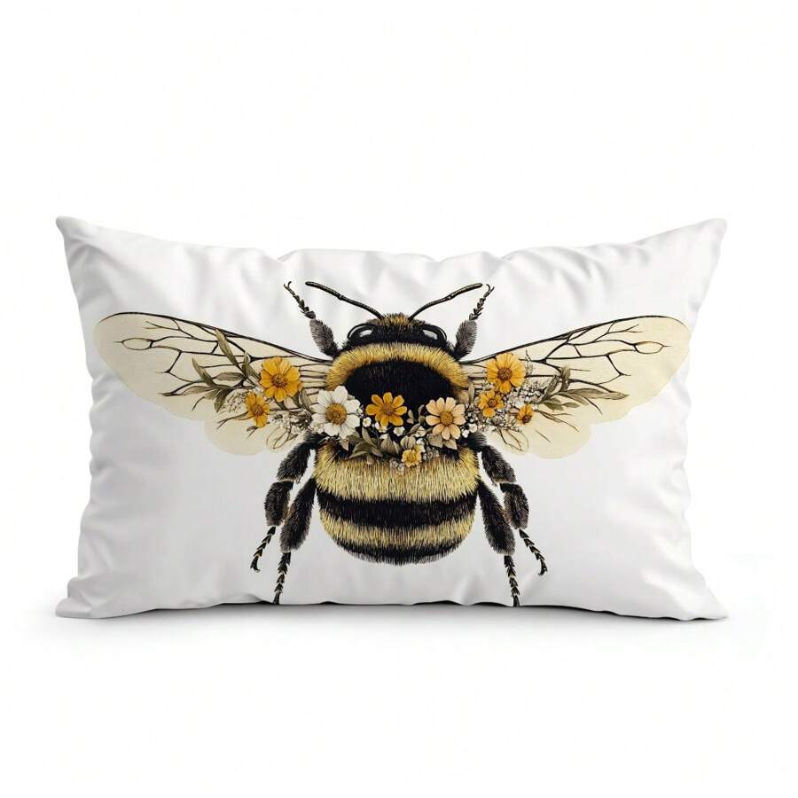 1pc Bee & Floral Single-Sided Printed Velvet Decorative Throw Pillow Case, 30*50cm