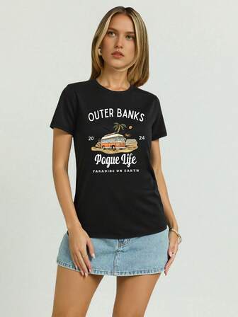 Women's Black Fitted T-Shirt , Text & Vintage Bus Print , Vacation Essentials, Summer, Beachwear For Women, Western Cowgirl Style, Retro Road Trip Tee & Coastal TV Show Inspired Fashion Coastal Vibes Pool Party Top