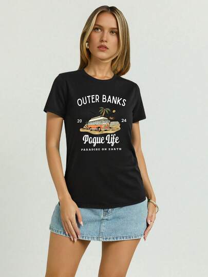 Maglietta aderente nera da donna, con stampa di testo e bus vintage, elementi essenziali per le vacanze, estiva, abbigliamento da spiaggia per donna, stile western cowgirl, t-shirt vintage per road trip e ispirata alla moda della serie TV costiera, top per feste in piscina con atmosfera costiera