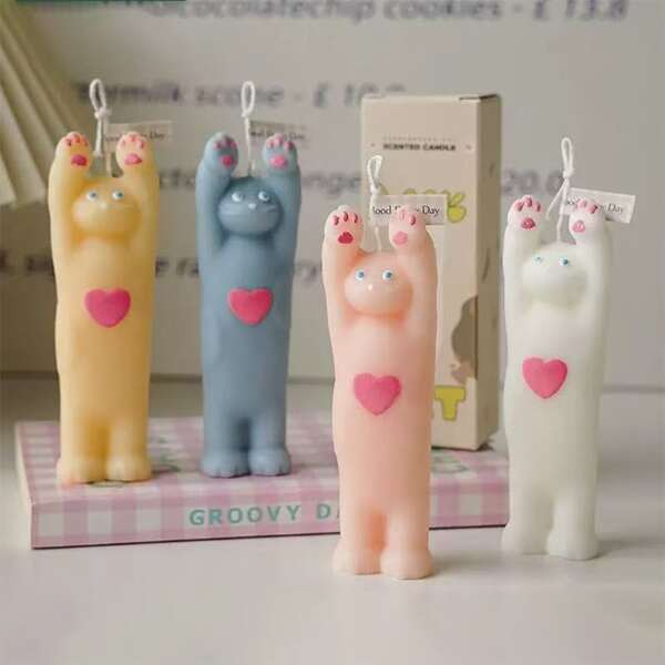 1pc Heart-Shaped Cat Scented Candle, High-End Creative Aromatherapy Gift, Handmade Realistic Cute Animal Candle,Wedding