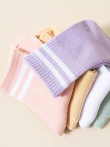 5 đôi tất cổ cao thể thao bóng rổ bằng cotton sọc cho bé gái, thích hợp để mặc hàng ngày và đi học trở lại - Nhiều màu - Xem 5