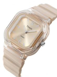1 pieza Reloj de cuarzo con correa de silicona minimalista y cuadrada de moda para mujer, adecuado para uso diario - Beis - Ver 5
