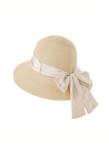 1 pieza Sombrero de paja de verano de unicolor para mujer, sombrero redondo de moda versátil y casual con decoración de perlas y moño, adecuado para compras diarias