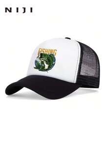 Breathable Mesh Trucker Cap With Fishing Pattern, Adjustable Casual Baseball Hat, Cool Hipster Curved Brim Baseball Cap, Breathable Mesh Truck Driver Cap, Casual Outdoor Sports Snapback - Multicolor - View 3