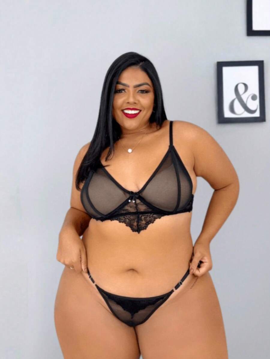 Sexy Plus Size Lingerie Set Transparent Tulle Neon Colors Metal Adjustable Straps - màu đen - Xem 1