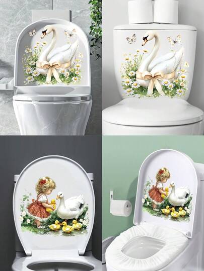 Adesivo de cisne romântico para tampa de vaso sanitário, 1 peça, decoração para casa, adesivo autoadesivo com estampa de animal, design floral e cisne, de uso único, para superfícies de cerâmica, fácil aplicação, decalque de vinil para decoração de casa, itens de decoração para banheiro, renovam sua casa, decoração de quarto, decoração de parede, decoração de banheiro, decoração de quarto, itens de decoração para sala de estar, decoração de casa, decoração de casa, arte de parede para sala de estar, adesivos de papel de parede, adesivos personalizados
