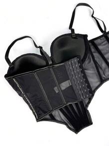 女士时尚水钻朋克哥特性感亮片透视网纱胸衣上衣，黑色休闲款 - 黑色 - 查看 6