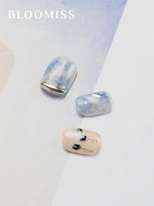 10Pcs Handmade Press-On Nails, Blue Gradient Small Flower Short Style, Reusable Glue-On Artificial Nails Nail Supplies Nails