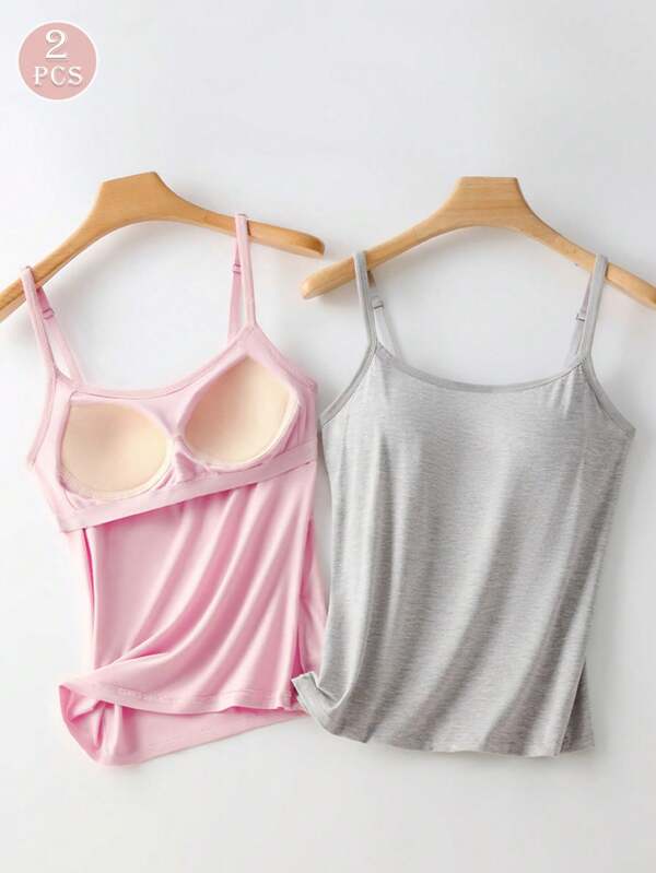 2 peças/conjunto camisola top com sutiã embutido, alça ajustável, cor sólida, para mulheres