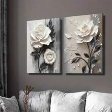 2 bức tranh in canvas, tranh sơn dầu hoa hồng, tranh nghệ thuật hoa thực vật, tranh tường canvas hoa trắng để trang trí tường nhà - Chất liệu canvas (Khung tùy chọn) - Nhiều màu - Xem 2
