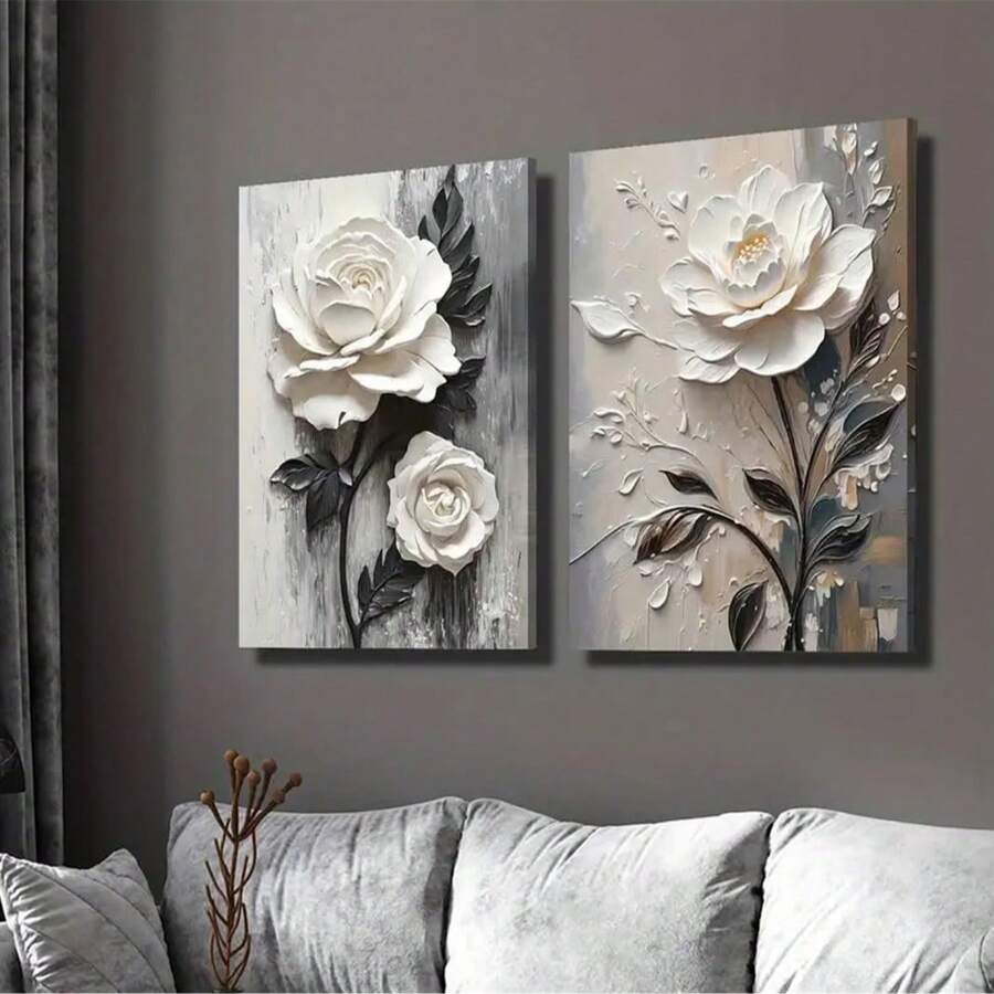 2 bức tranh in canvas, tranh sơn dầu hoa hồng, tranh nghệ thuật hoa thực vật, tranh tường canvas hoa trắng để trang trí tường nhà - Chất liệu canvas (Khung tùy chọn)