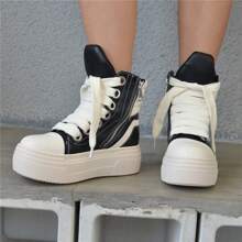 Funky Woman And Man High-Top Casual Sneakers Vintage Style Lace-Up With Zipper Thick Sole Tennis Shoes - Đen và trắng - Xem 11