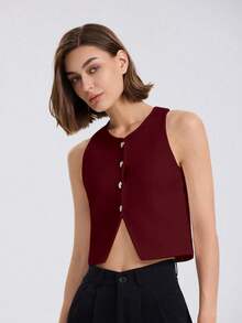 Women's Solid Color Sleeveless Front Button Casual Blouse - Red - View 5