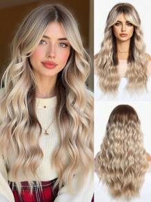 Tóc giả đen dài 24 inch, kiểu gợn sóng, dành cho nữ, tóc giả xoăn đen có mái thưa, kiểu sóng nước, làm từ sợi tổng hợp chịu nhiệt, thích hợp sử dụng hàng ngày và dự tiệc. - Ombre - Xem 3