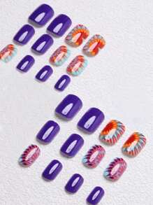 24 Pieces/Change Your Nails Oval Fake Nails Deep Purple Gradient Flower Design Full Cover Press Nail Removable, + Nail File And Jelly Glue, Perfect For All Ladies Party/Everyday Use Press On Nails Nail Supplies Nails - Purple - View 4