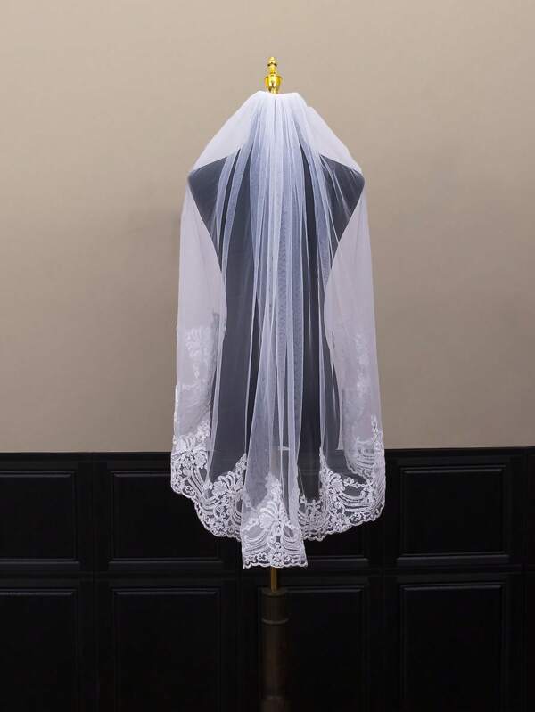 1pc Single-Layer Lace Bridal Veil With Metal Comb, Swiss Tulle