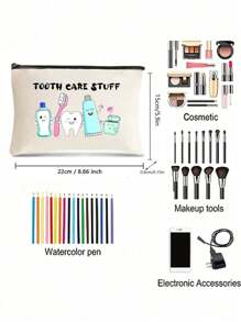 Playful Fun, Youngsters' Dental Care Travel Pouch - "Tooth Care Stuff" Canvas Case Ideal For Toothbrush, Toothpaste & More - Fun & Educational Design - Ideal For Boys & Girls, Adult Office Gift Back To School Supplies