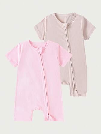 2pcs/Set Bamboo Fiber Ribbed Soft, Breathable, High Elasticity Solid Color Shorts Suit With Double-Sided Zipper Jumpsuit