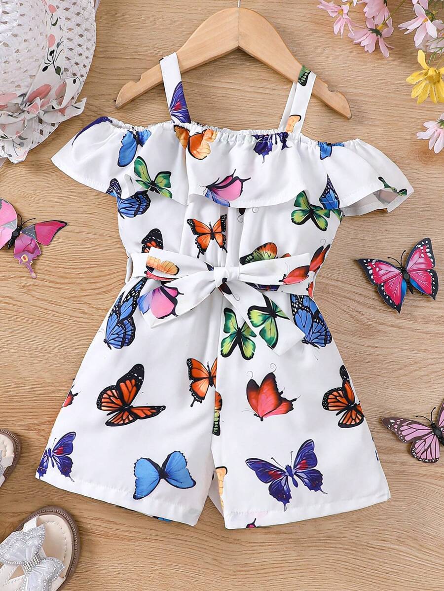 Young Girl's Casual Butterfly Print Off-Shoulder Romper, Summer - White - View 1