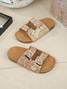1 Pair Fashionable Sparkling Rhinestones Soft Cork Thick Sole Girls Slippers, Soft Comfortable Soles, Suitable For Kids Aged 3-15 Years Old