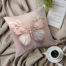 1pc Faux 3D Butterfly & Floral Pearl Decorative Pillow Cover, Single-Sided Soft Peach Velvet Fabric, 45*45/50*50/40*40CM Cushion Cover For Indoor Decor, Party, Gift