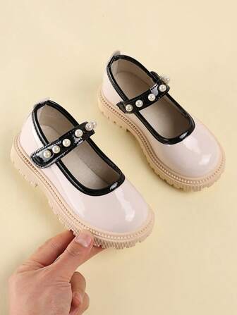 1 双新款时尚可爱蝴蝶结 PU 仿珍珠钩环防滑耐磨舒适百搭女童鞋，适合春秋季户外、日常、派对和学校穿着，玛丽珍平底鞋
