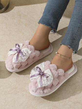 秋冬可爱女孩蕾丝蝴蝶结拖鞋，室内家居轻便静音防滑保暖毛绒家居拖鞋