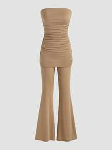 2pcs Set, Sleeveless Ruched Top & Waistless Flared Leg Pants, Suits For Spring/Summer - Khaki - View 2