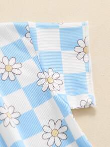 Toddler Girl Clothes 6M 12M 18M 24M 3T 4T Baby Girls Outfits Summer Floral Checkerboard Print Shirt+Shorts+Headband 3pcs Baby Clothing - Blue - View 4