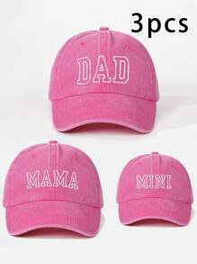 3pcs Embroidered "Mama + Dad + Mini" Matching Washed Baseball Caps, Adjustable Outdoor Sun Protection Casual Hats For Boys & Girls, Suitable For Spring, Autumn, Travel, Beach