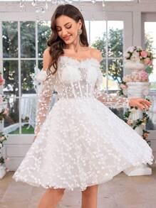 UNITHORSE UNITHORSE V-Neck Strapless Dress With Long Sleeves, Luxurious Lace Trim Decorated Skirt, Light Wedding Dress, Fishtail Waist Formal Dress,Bride, All White Party Outfit Women