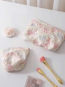 Bolsa de cosméticos de moda Y2K, 1 pieza/Set bolsa de maquillaje de viaje casual con estampado floral rosa y blanco, organizador de cosméticos grande y pequeño, bolsa de aseo para mujer, monedero, portalipos, gafas, teléfono, soporte para pinceles, clutch para primavera/verano