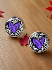 1 par de aretes tipo botón con estampado de leopardo y forma de corazón, de acero inoxidable, como regalo para el Día de la Madre