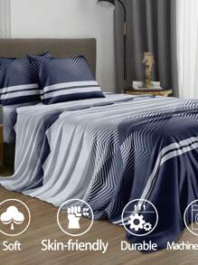 4件套海军蓝波西米亚几何条纹图案床上用品套装，柔软超细纤维易护理床上用品套装，花卉图案床单套装（1张床单+1条床裙+2个枕套），床裙套装，适用于单人床、双人床、大号床、特大号床，深口袋床裙设计，枕套最大可达11.8英寸，柔软透气，抗皱，奢华酒店风格，送给父母、朋友的礼物，开学季佳品 - 藍色 - 查看 4