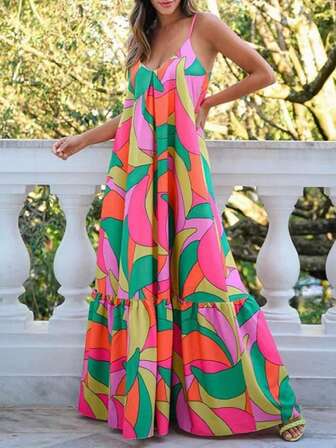 Women's Holiday Fully Allover Print Ruffle Hem Casual Slip Dress