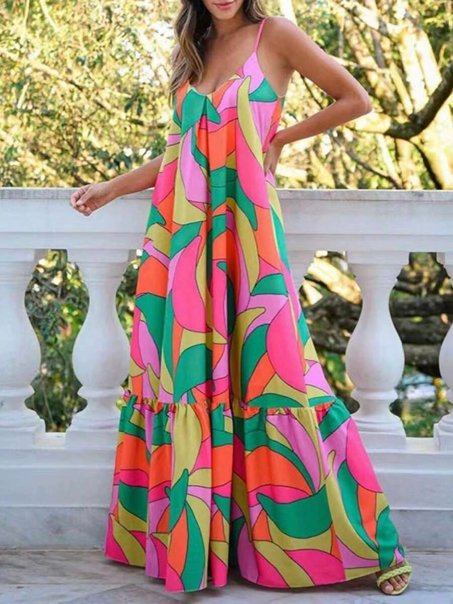 Women's Holiday Fully Allover Print Ruffle Hem Casual Slip Dress - Multicolor - View 1