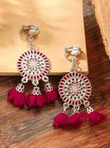 2pcs Retro Simple Exquisite Colorful Sunflower Cloth Ear Clips Bohemian Geometric Tassel Earrings For Women, Clip On Design - Clip - View 10