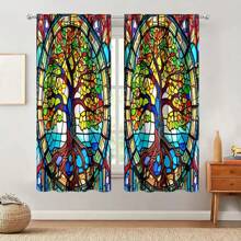 2 piezas de Cortinas semitransparentes de estilo gótico con diseño de árbol de la vida en vidrio decorativo de colores, tela de poliéster, adecuado para sala de estar, cocina, dormitorio, decoración del hogar