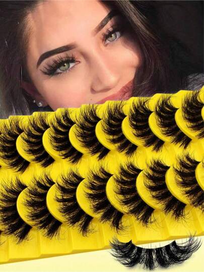 10 أزواج من رموش مستعارة كاملة، رموش شريطية روسية، رموش مستعارة على شكل حرف D، رموش شريطية ذيل القط طويلة، رموش مستعارة طبيعية كاملة، رموش مستعارة مكثفة، أدوات مكياج ضرورية للسفر - رموش شريطية، رموش، رموش مستعارة