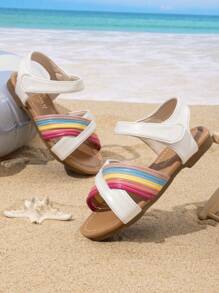 Girls' Summer New Rainbow Decor Cute Open Toe Beach Sandals, Suitable For Beach, Travel, Photography, School, Indoor