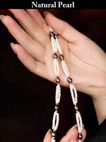 1pc Fashionable Pearl Necklace Bracelet Set, Natural Pearl Jewelry Set, White Pearl Necklace, Elegant Style For Daily Wear And Holiday Gifts - Necklace - View 3