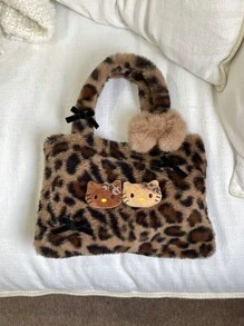 Sanrio Hello Kitty Plush Leopard Print Handbag, Y2K Baddie Cute Leopard Wallet, Minimalist Tote Bag For Outdoor, Retro Plush Commuter Bag, Bohemian Style, Easter, Mother's Day, Birthday Gift, Party Favor, Graduation Memento