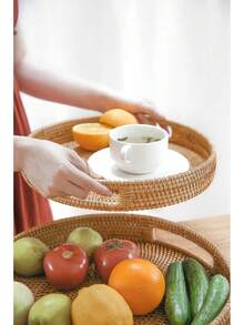 HITOMEN 11.8" Hand-Woven Round Rattan Serving Tray Decorative Wicker Trays With Handles For Coffee Table (Natural-M) - Natural - View 10