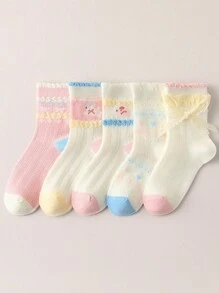 5 pares de calcetines para niños con diseños de corazón, moño y animales lindos, uso elegante y casual diario, calcetines de media caña suaves y cómodos de malla