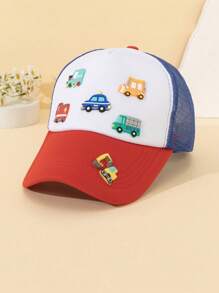 1 Peça Boné de Verão Respirável de Malha com Remendo Estampado de Carro em Série para Meninos Pequenos, Remendo de Couro Macio DIY, Decoração de Caminhão Cartoon 3D, Proteção Solar, Poliéster, Estilo Coreano